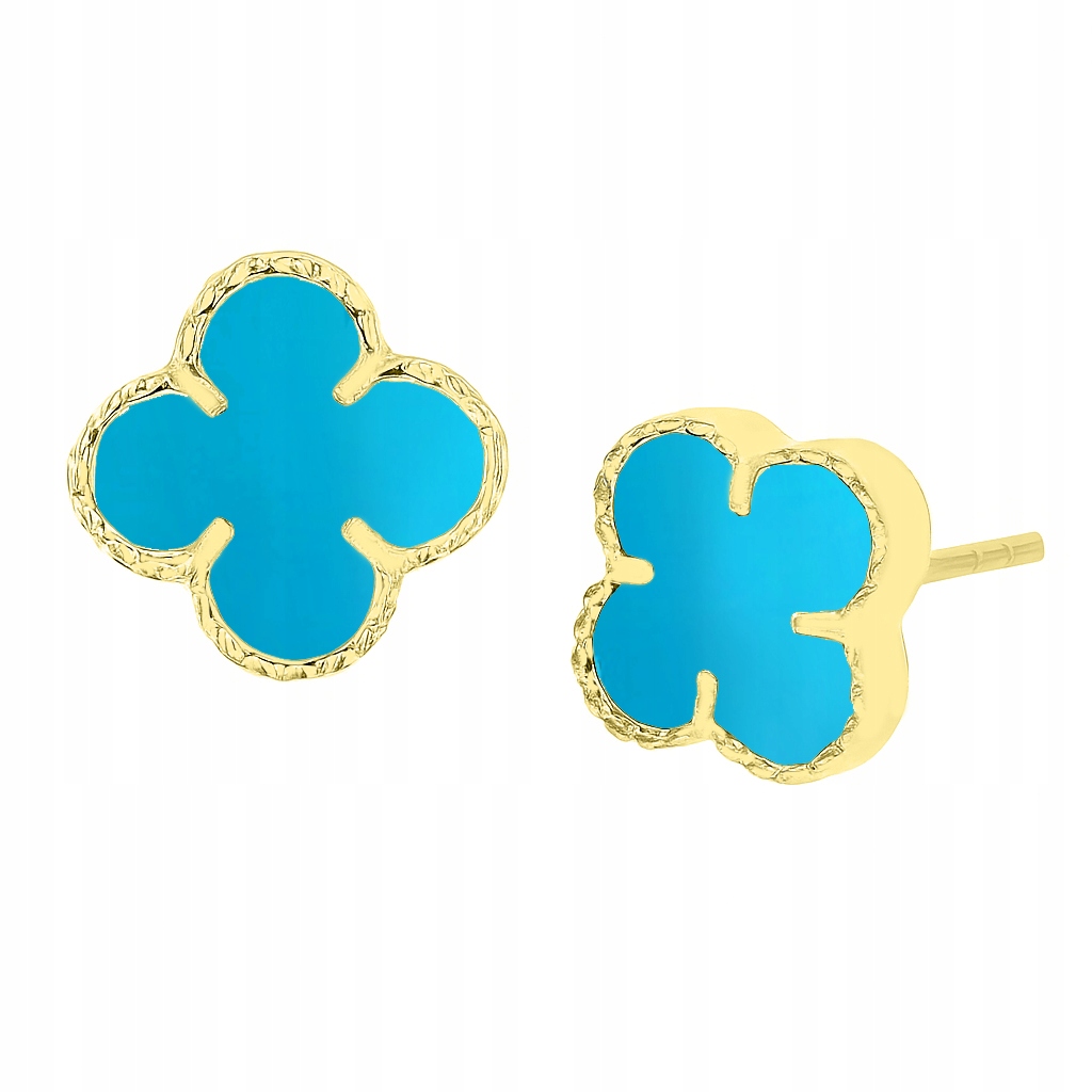 Stříbrné pozlacené náušnice čtyřlístky s puzetou, modrý tyrkys Ag.925