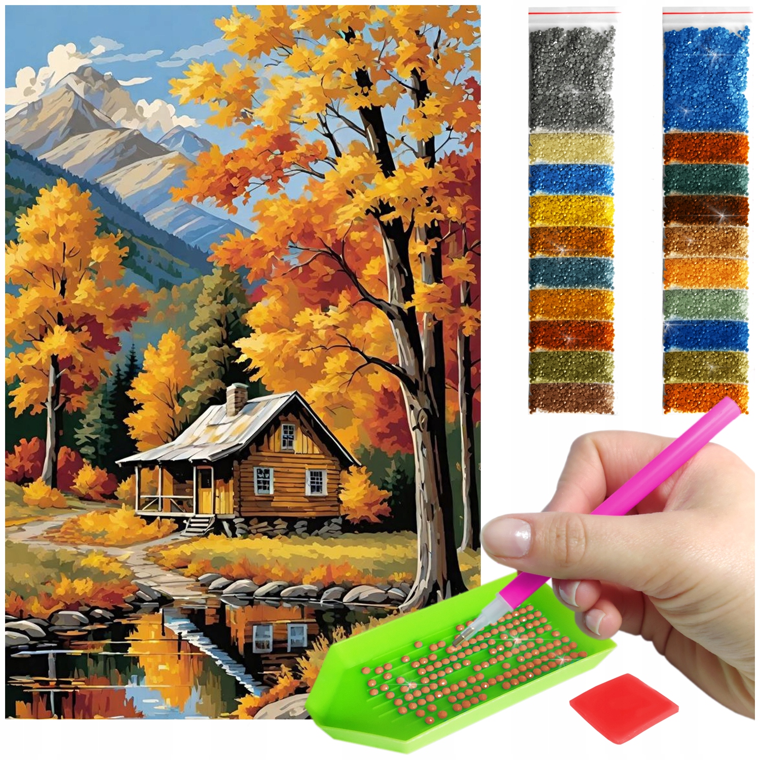 Diamantová výšivka Diamond Painting mozaika Podzimní chata v horách sada