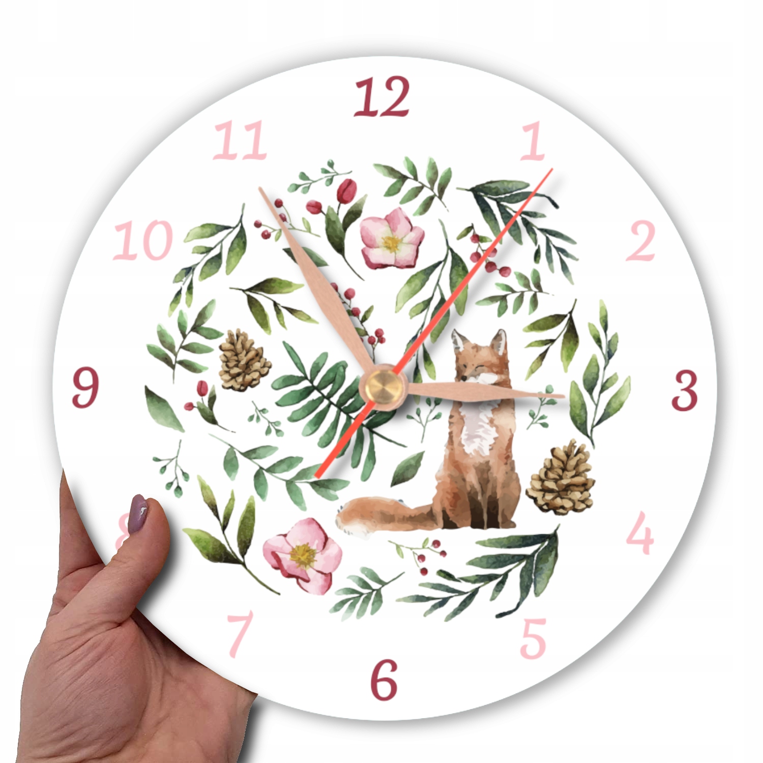 Okrągły ścienny cichy leśny zegar z liskiem lis Zasilanie baterie