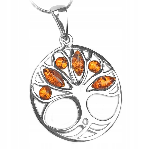 Strom života štěstí Stříbrný Přívěsek s přírodním Jantarem stříbro Ag 925