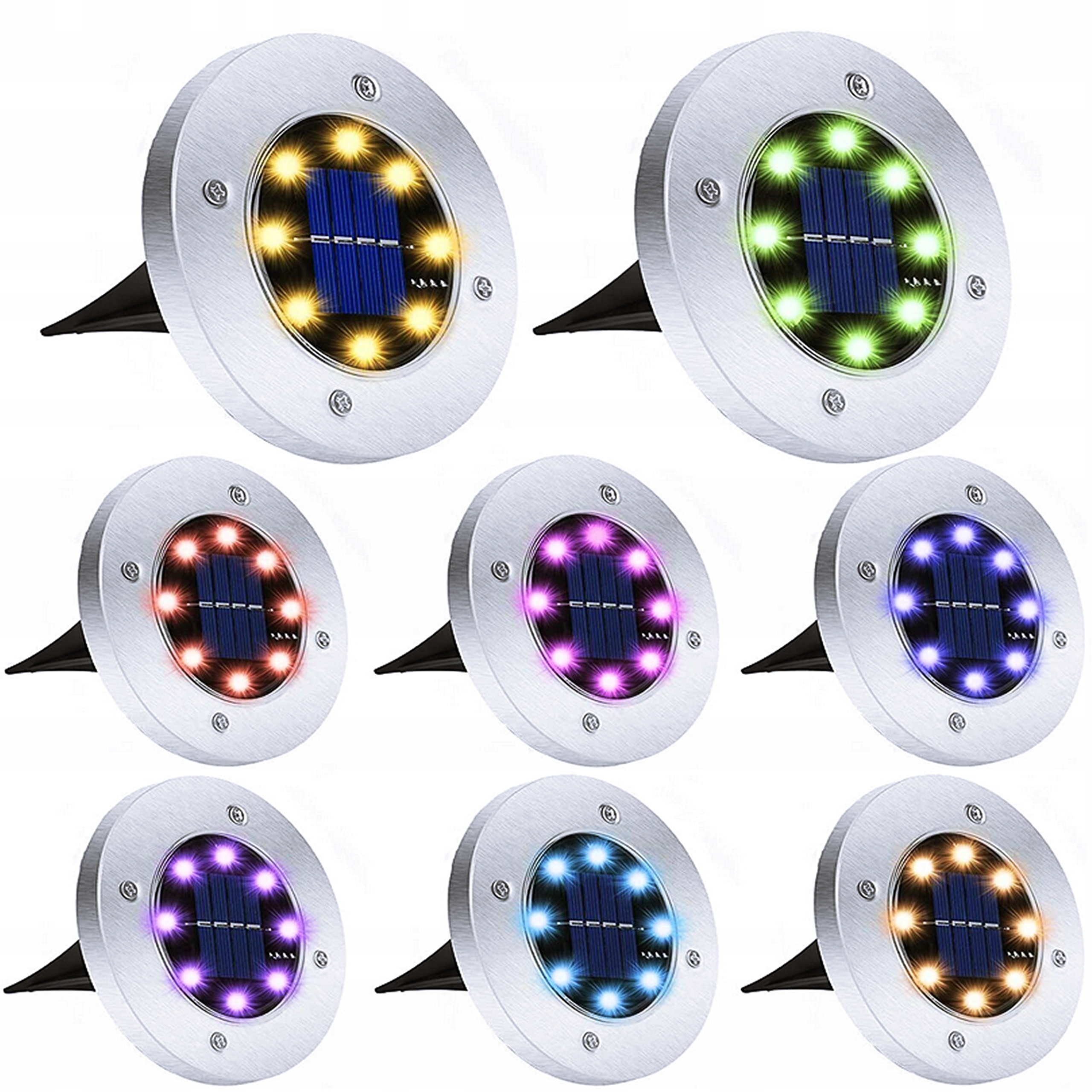 Lampki Solarne Wbijane Dysk Ogrodowe Najazdowe Lampka Kolorowe Rgb x 8 Szt