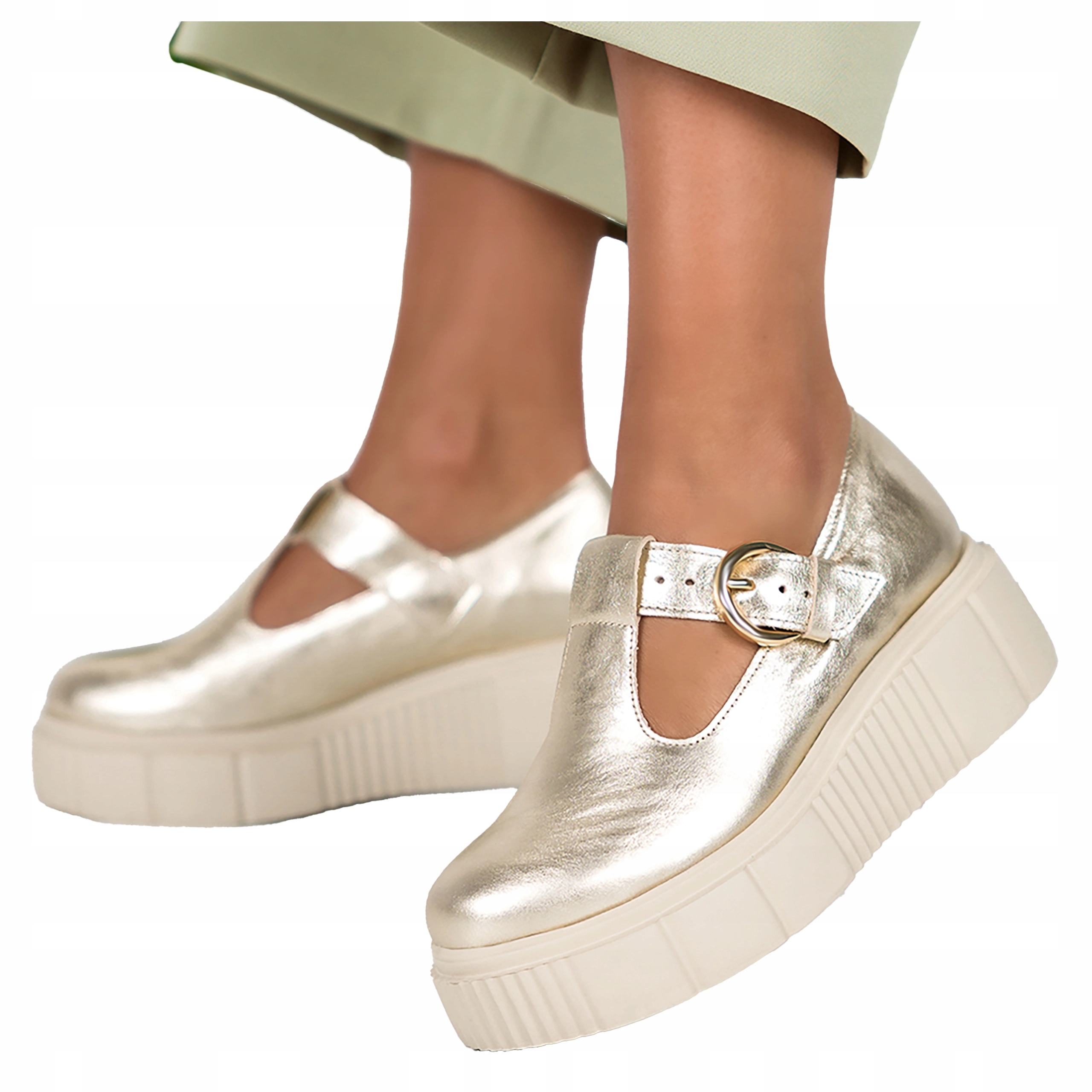 Zlaté kožené polobotky na platformě Pásek se sponou Polský Výrobek vel. 41