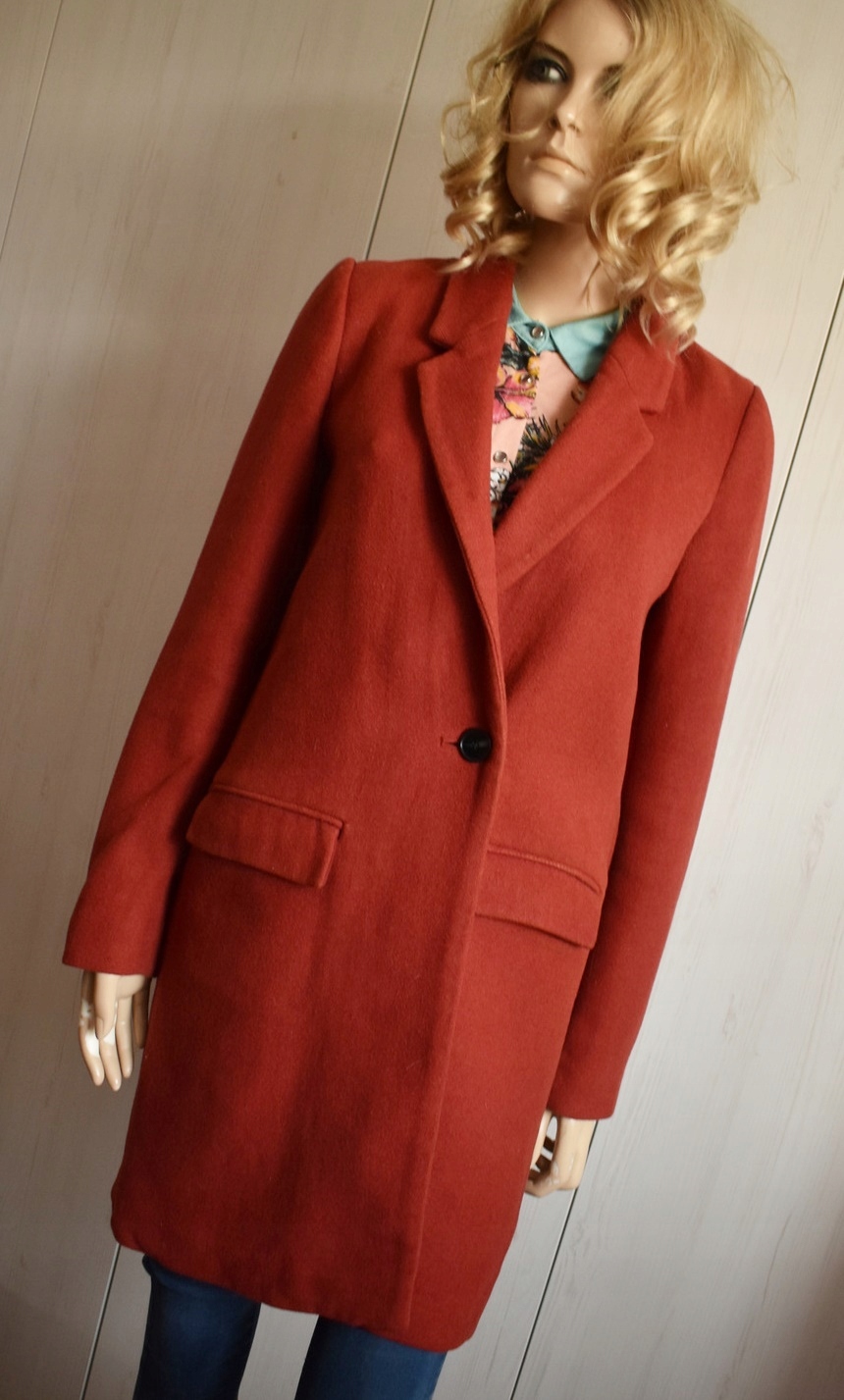 Płaszcz wełniany 36 S rudy miedziany wełna Zara elegancki prosty do kolan