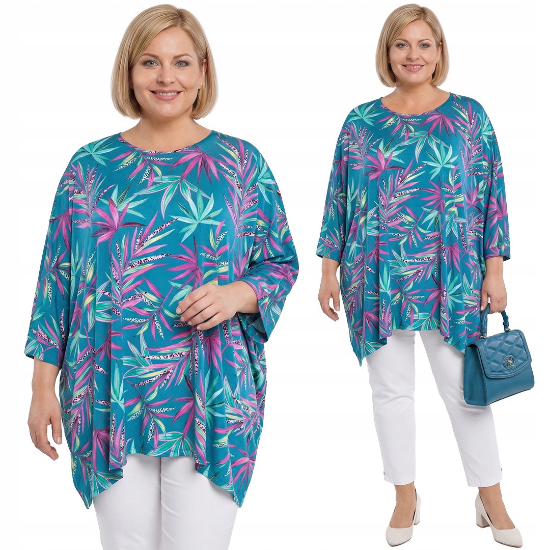 Modrá tunika vzor růžové listy plus size velikost 48/50