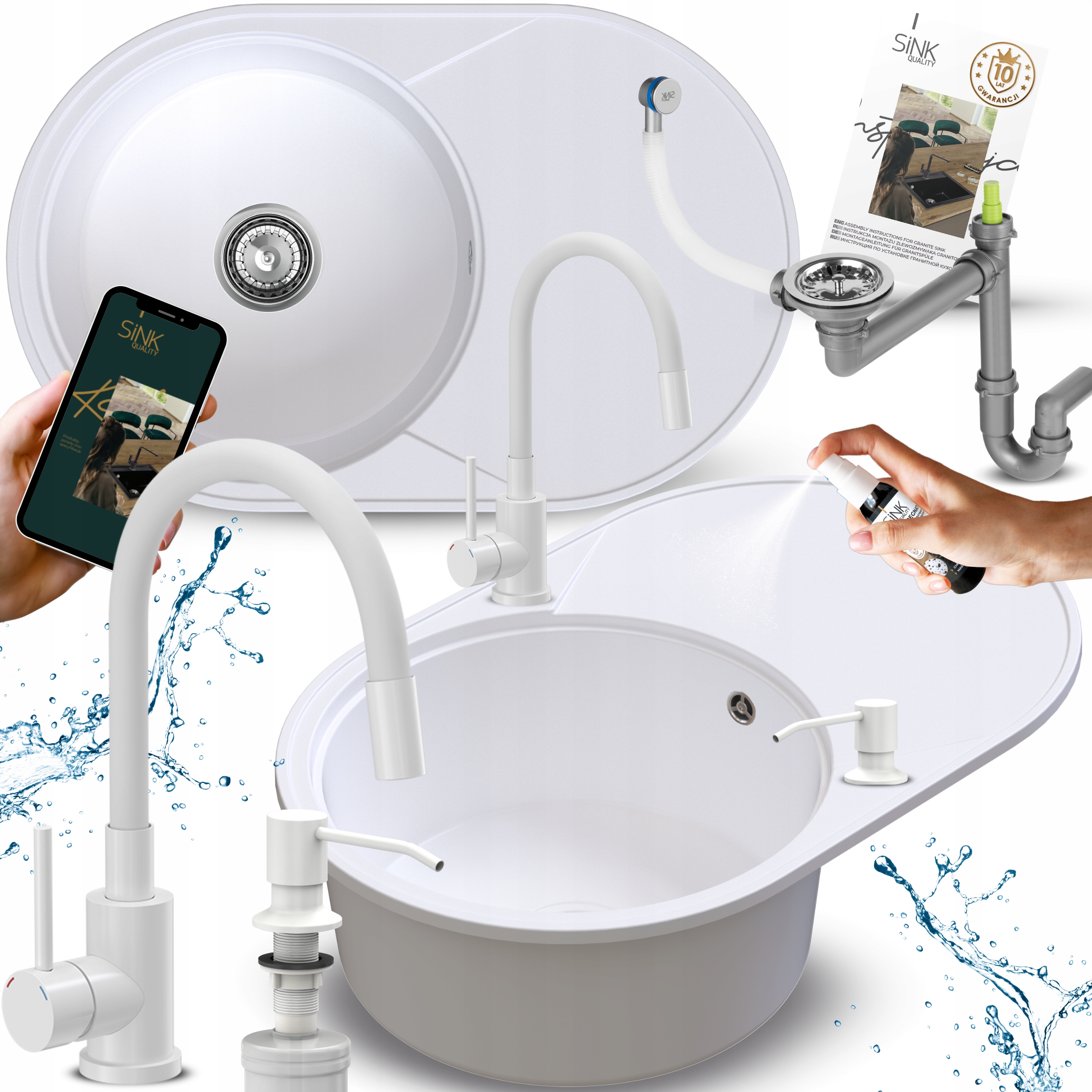 Jednokomorový granitový Dřez s odkapávačem Bílý oválný S Baterií