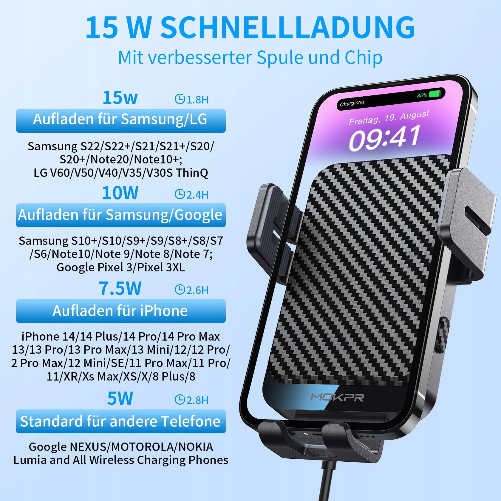 MOKPR Uchwyt Samochodowy z Ładowarką 15W do iPhone Android — miniatura 6