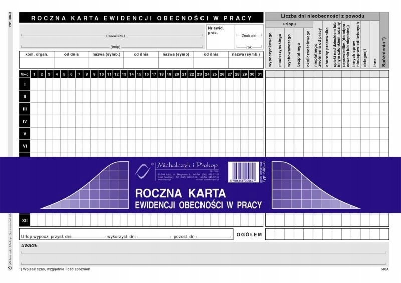 

Karty Ewidencji Obecności W Pracy Roczne 50szt. A5