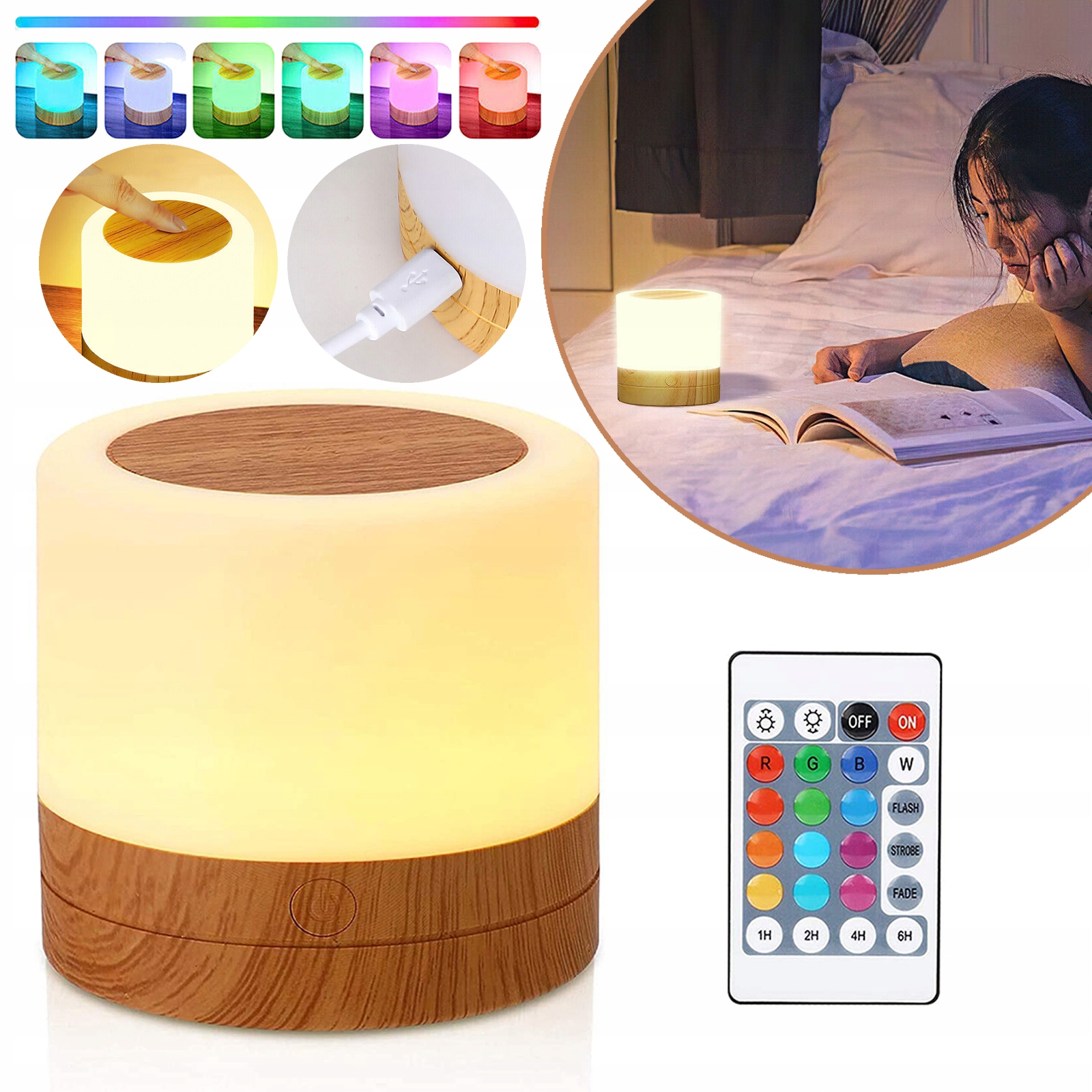 LAMPKA NOCNA LED Z PILOTEM, ŁADOWALNA DOTYKOWA LAMPKA NOCNA Z 7 KOLORAMI