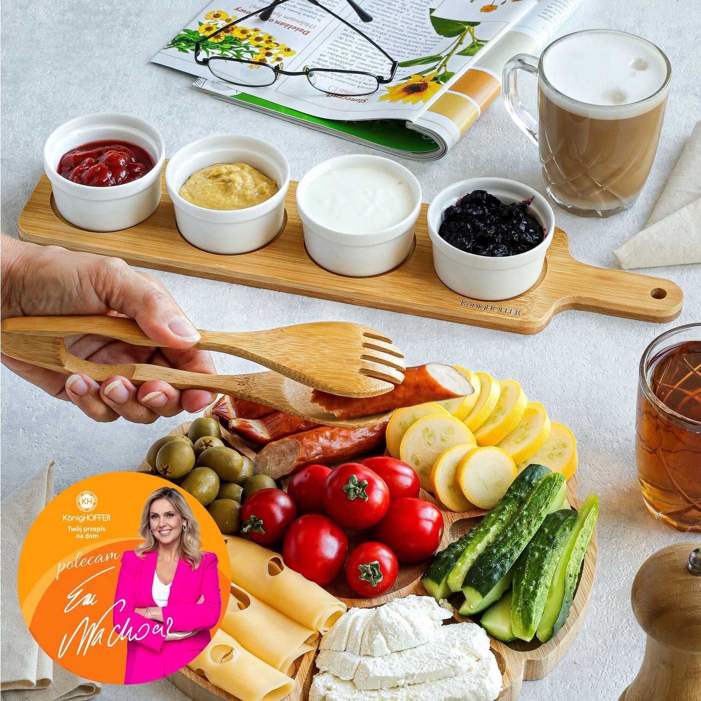 4 białe MISECZKI DO DIPÓW SOSÓW +deska bambusowa Marka Konighoffer