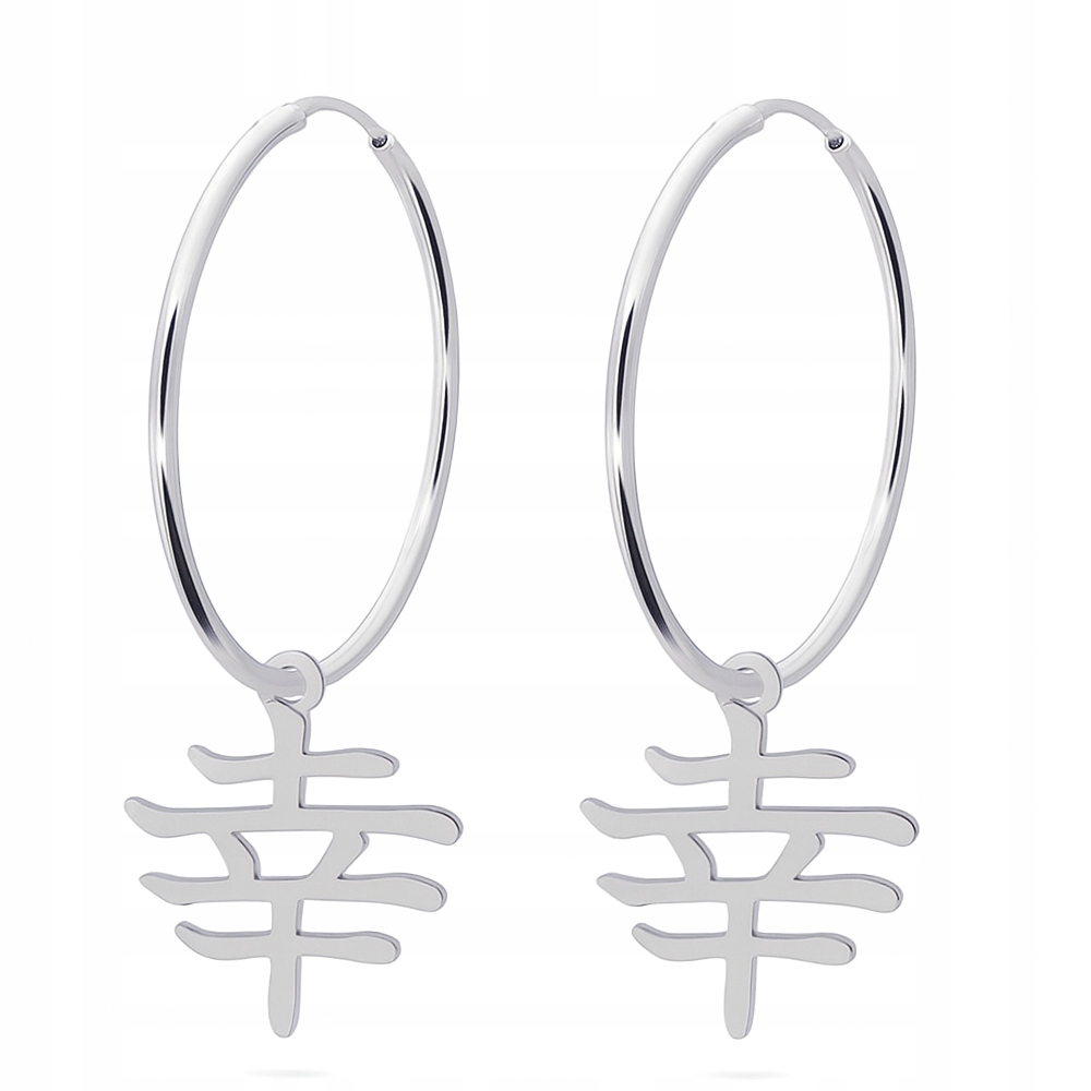Kanji Japonský Znak Štěstí Stříbrné náušnice velká kola stříbro 925