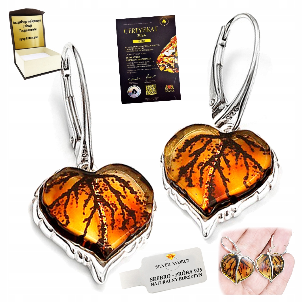 Stříbrné Náušnice S Jantarem, Závěsné, Vyřezávané Listy Lípy Gravírování Bonus
