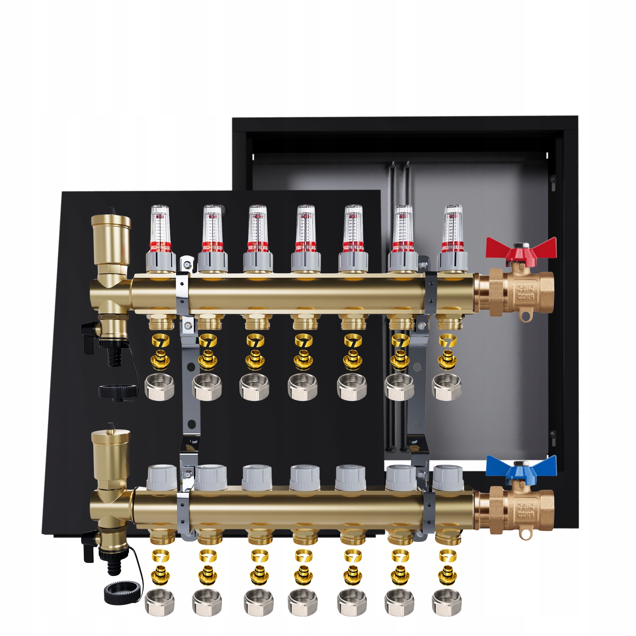 Rozdělovač mosazný podlahový 7 okruhů skříňka rovný ventil Pex