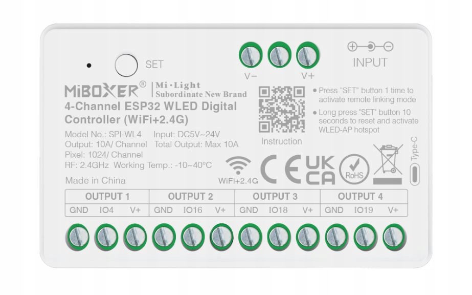 MiBoxer SPI-WL4 sterownik 4-kanałów cyfrowych taśm Led Spi ESP32 WiFi 2.4G