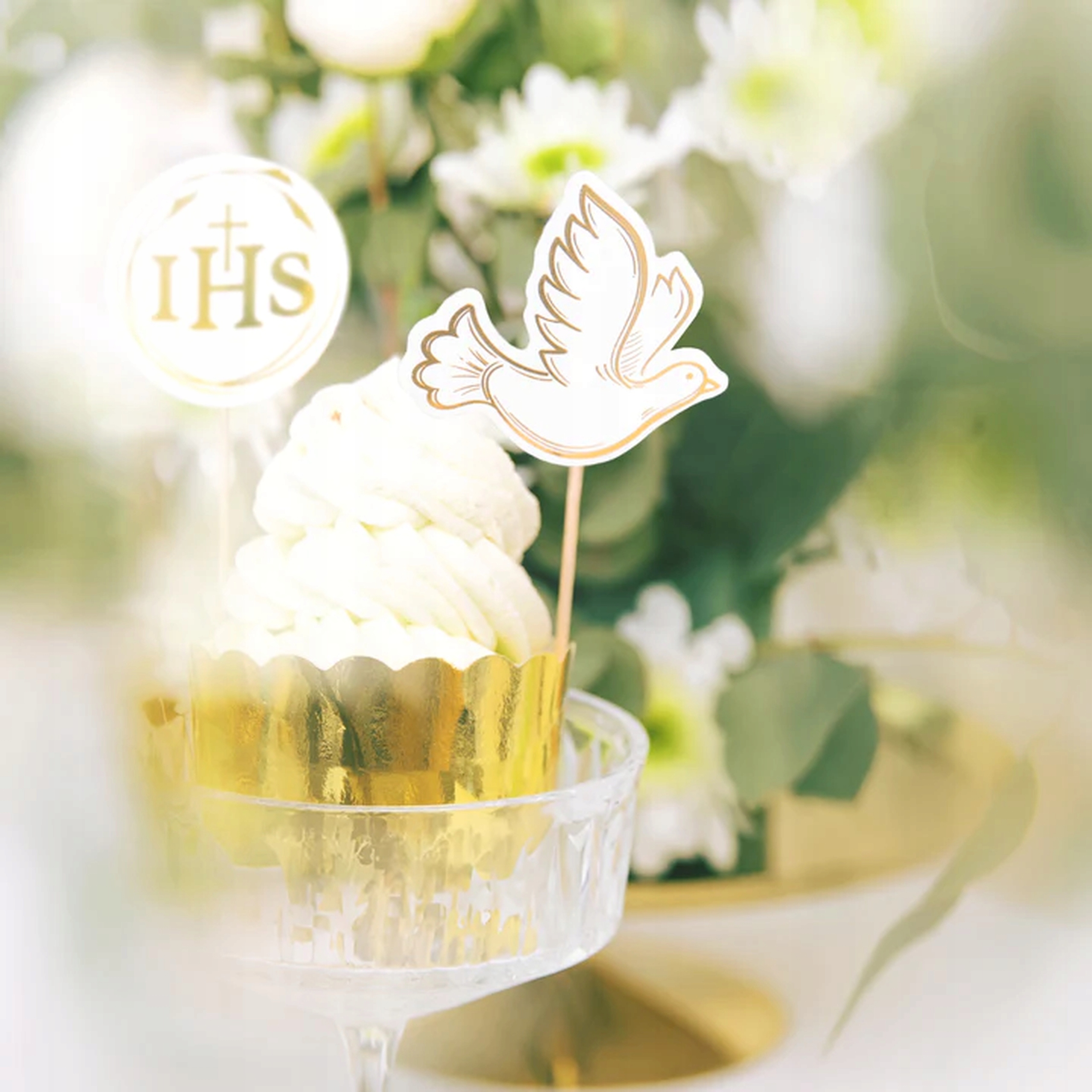 Toppery na tort komunijny babeczki Mufinki IHS Komunia Święta hostia złote Marka PartyPal