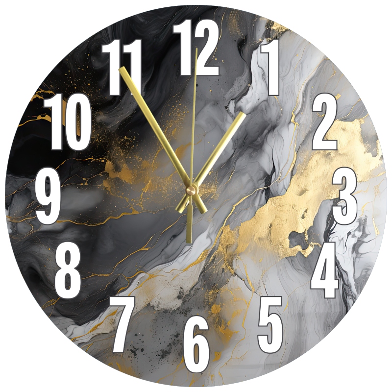 Dekorativní nástěnné hodiny s plným potiskem, černo-šedý mramor se zlatem, 45 cm