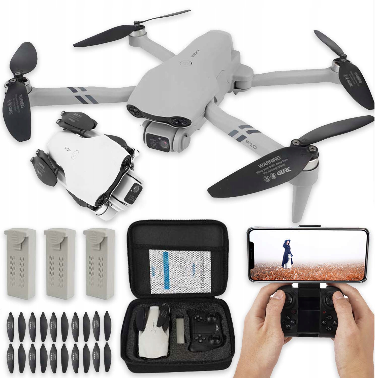 Dron F10 2 Wifi Hd Kamery Hračka Vznášení 200 m Krytky Vrtulí 3 Baterie 1.6 Ah