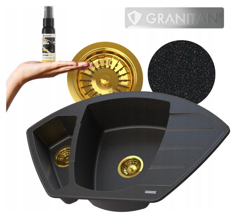 Dvoukomorový granitový dřez Compact Set dřez černo-zlaté sifon