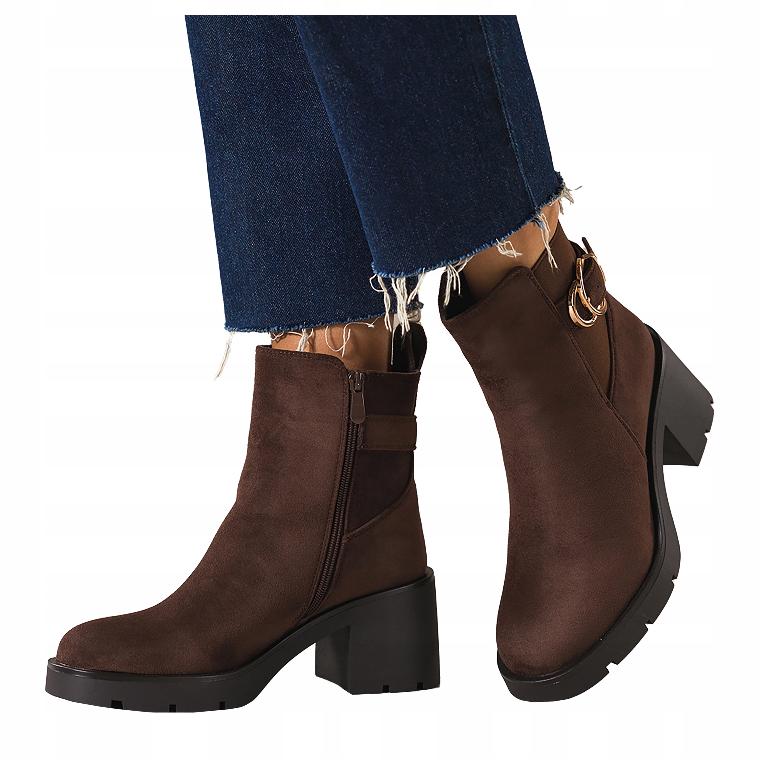 Kotníkové Boty Čokoládové Dámské Pohodlné Široký Podpatek Pásek S přezkou Modne vel 37