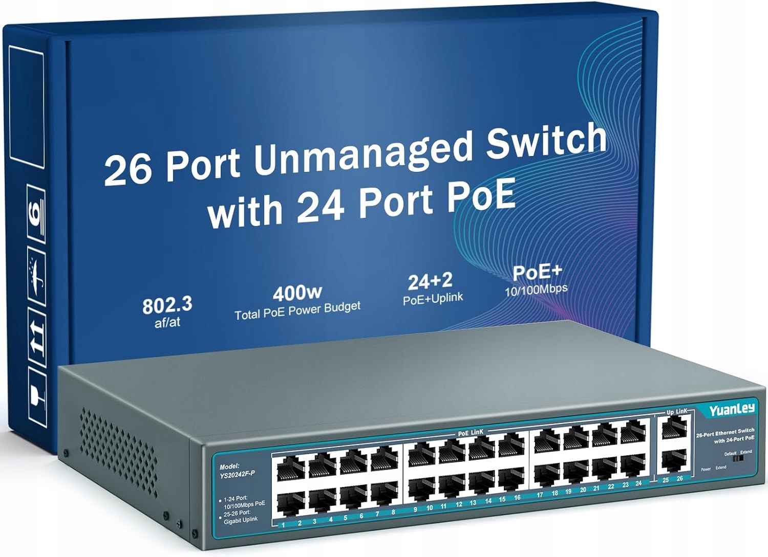 Yuanley switch PoE 26 portů 400 W 802.3af at 2x uplink rack přepínač