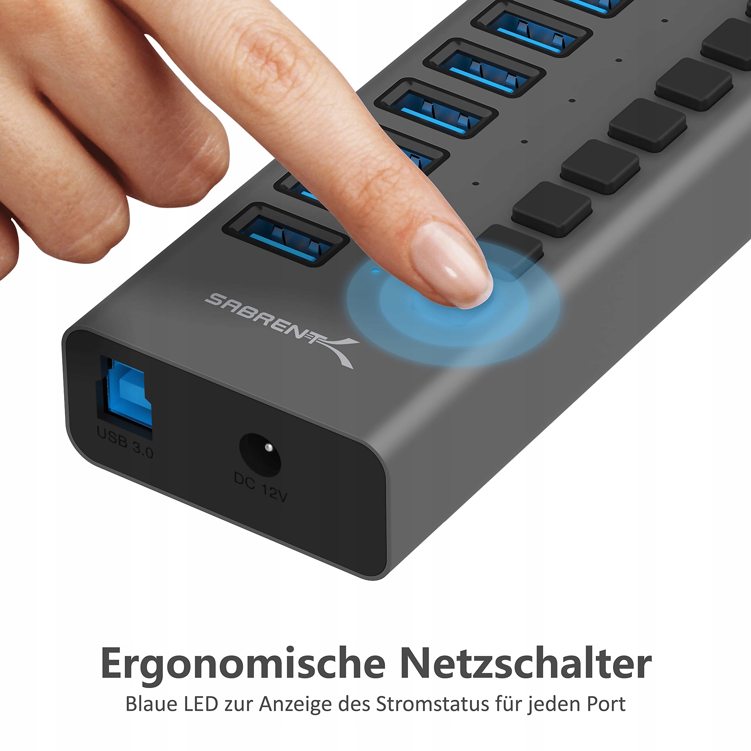 SABRENT 2w1 Ładowarka USB i Hub 90W Stacja Ładowania USB Hub z Włącznikiem — miniatura 7