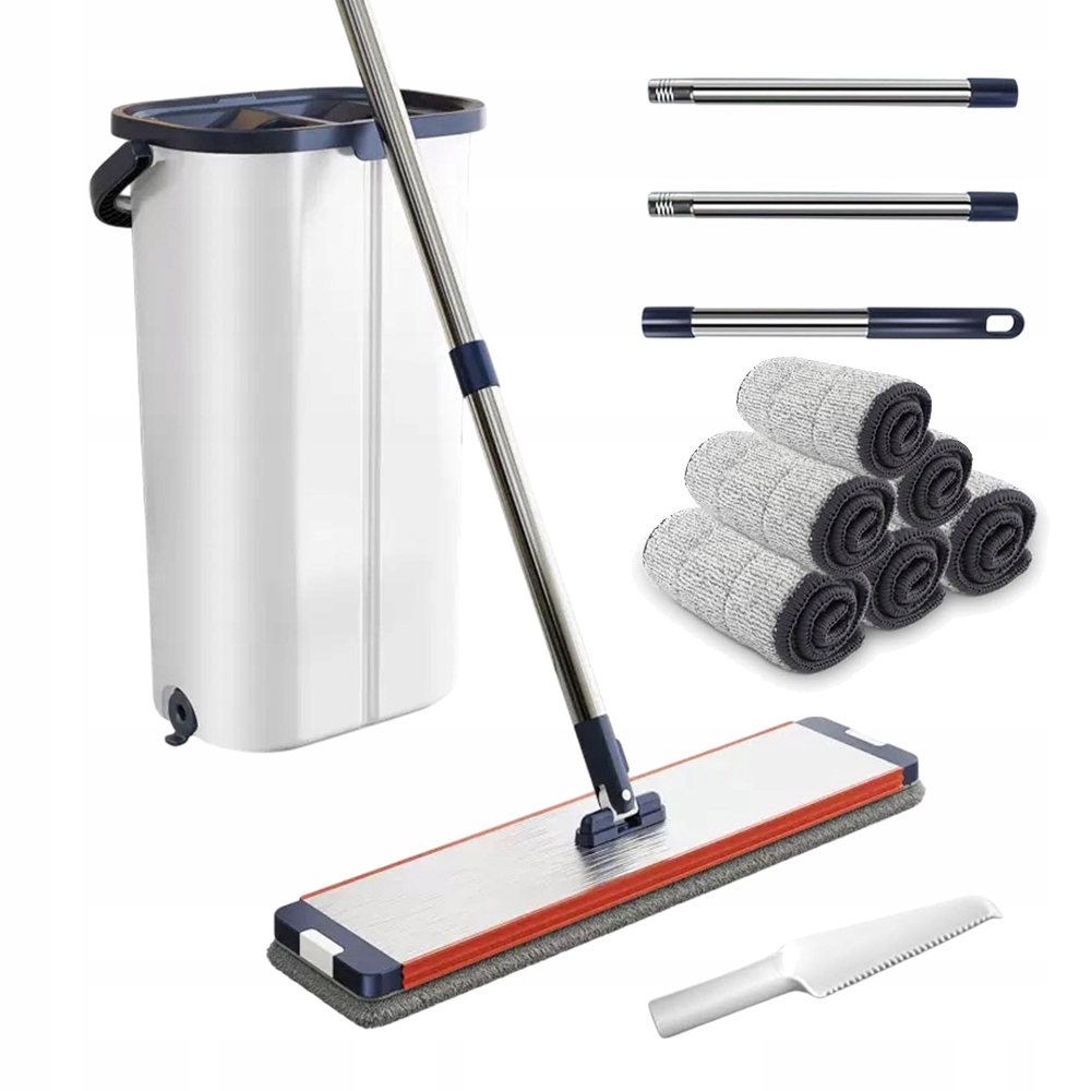 Levně Plochý Obrotný Dvoukomorový Mop 6 Náhradních Hadříků, Kartáč A Kyblík 132X11X40 CM