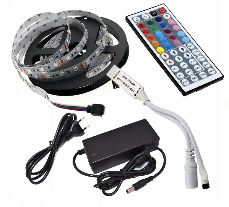 ZESTAW LED TAŚMA 5m RGB 5050 60/M +ZASILACZ, PILOT