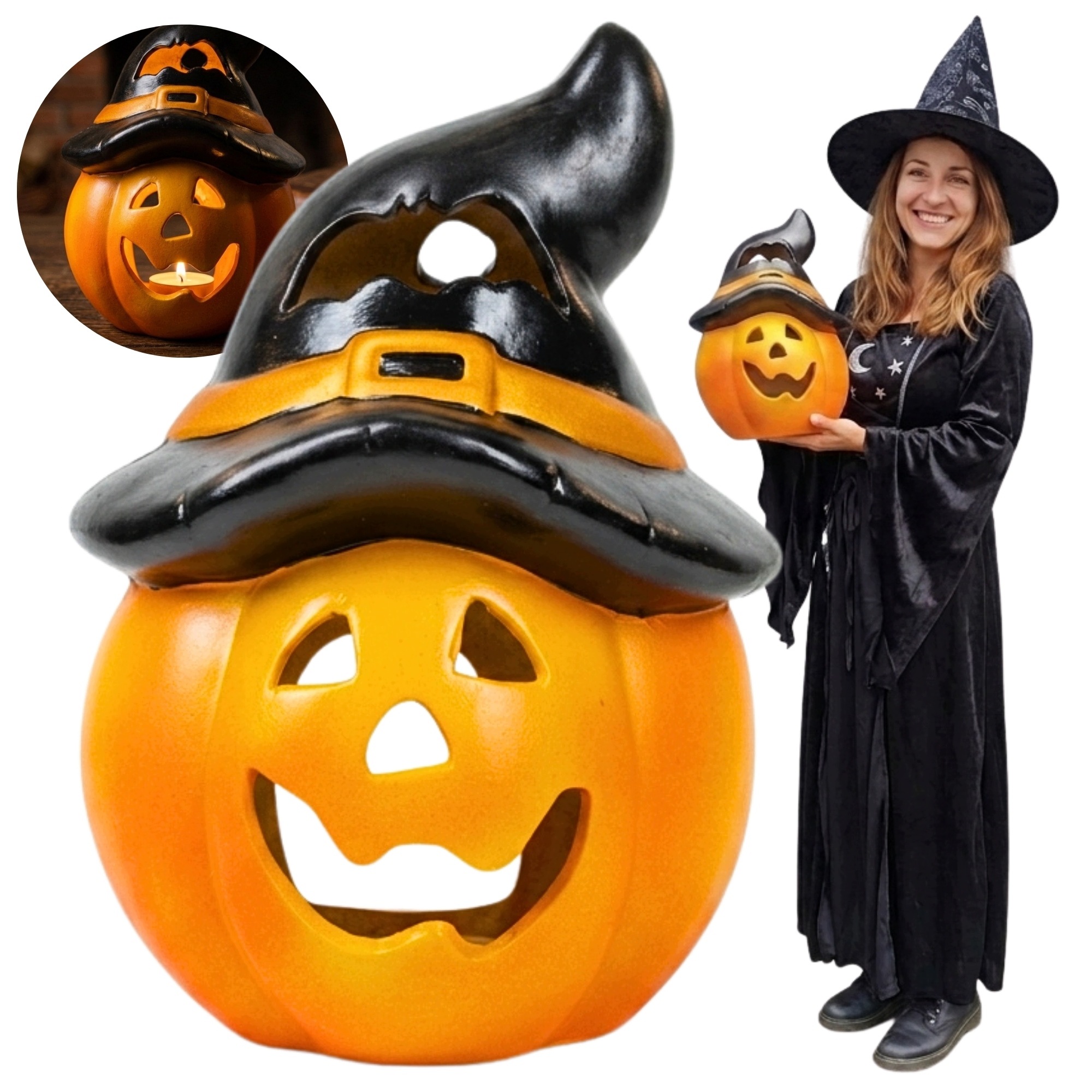 Dýně Keramická figurka Halloween Dekorace Podzimní ozdoba Lampion 37 cm
