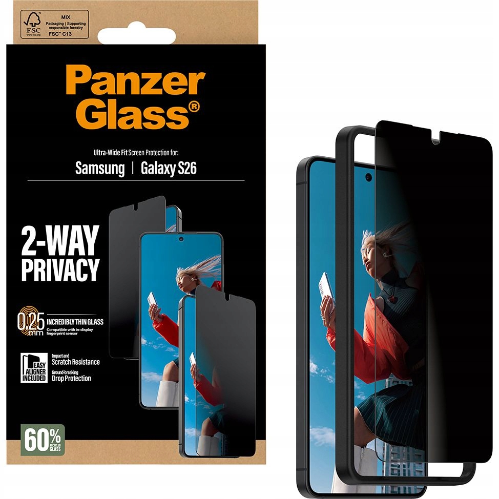 Sklo s privátním filtrem pro Galaxy S26, PanzerGlass, tvrzené sklo aplikátor
