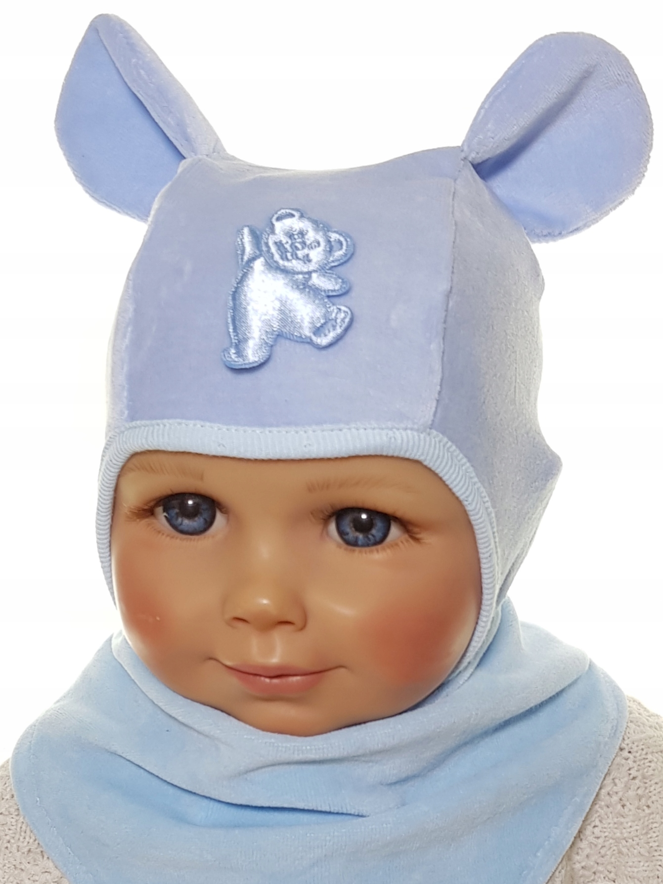 KPL WELUR DLA NOWORODKA CZAPKA MIŚ +CHUSTKA 5KOLOR