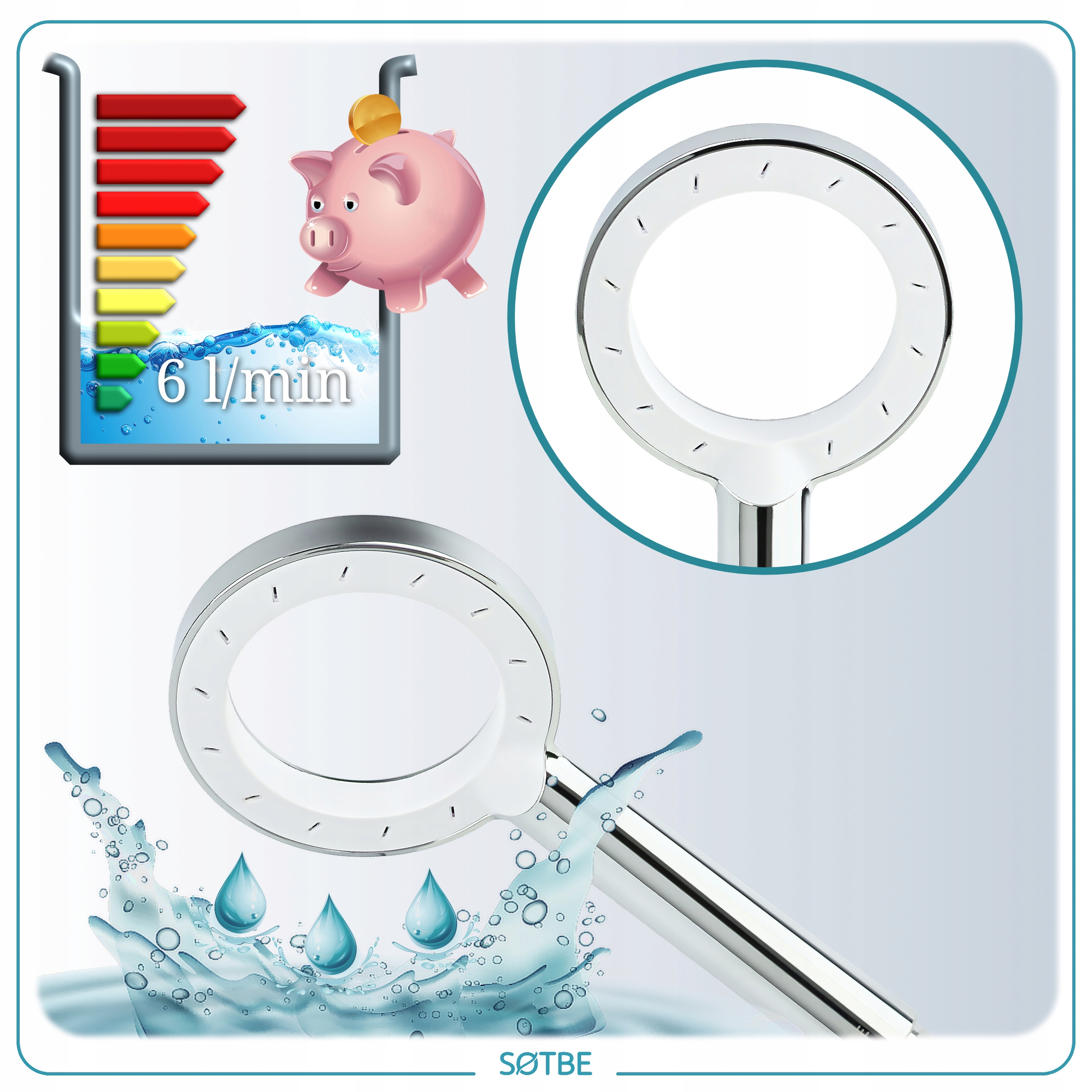 Słuchawka natryskowa delikatna mgiełka ECO wodooszczędna do -60% 6L/min Stan opakowania oryginalne