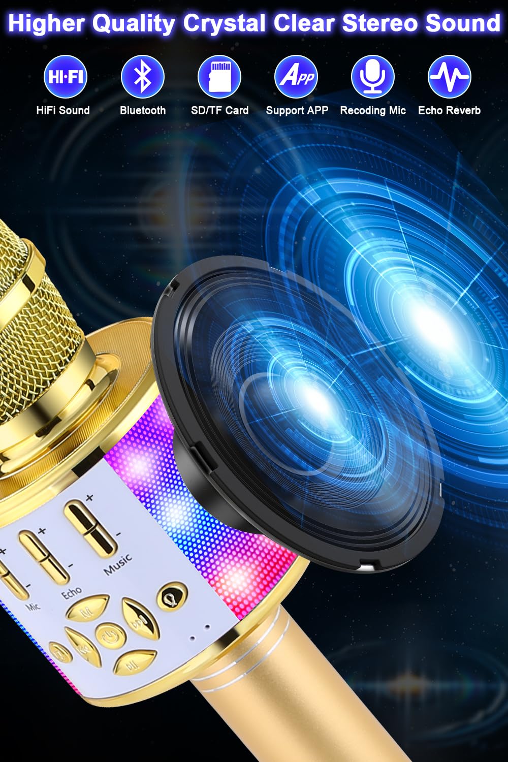 BONAOK Magiczny Karaoke Mikrofon Bluetooth Dla Dzieci i Dorosłych Złoty — miniatura 5