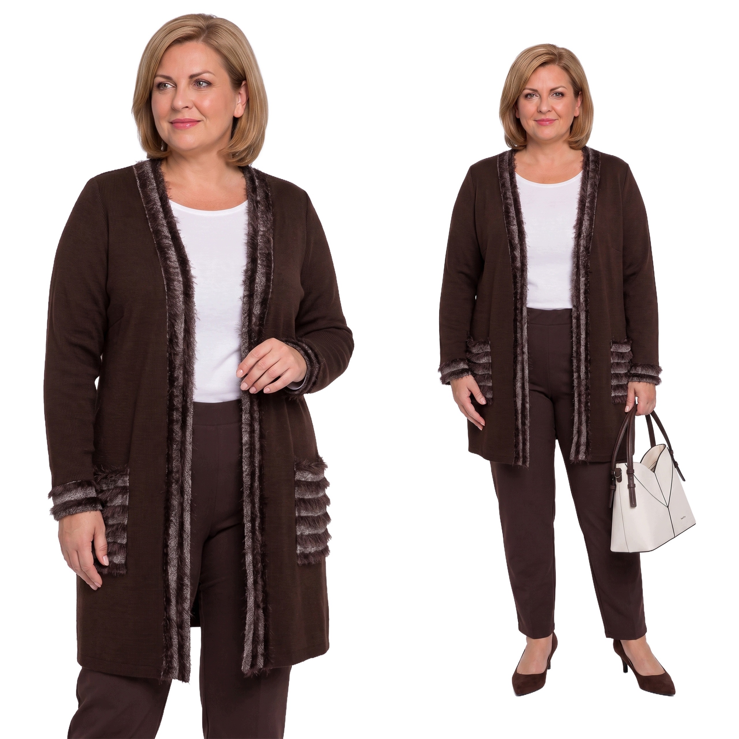 Hnědý kardigan s ozdobnými štětinami plus size velikost 50