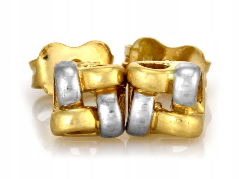 Zlaté náušnice 585 čtvercové s bílým zlatem na tyči bez kamenů, módní