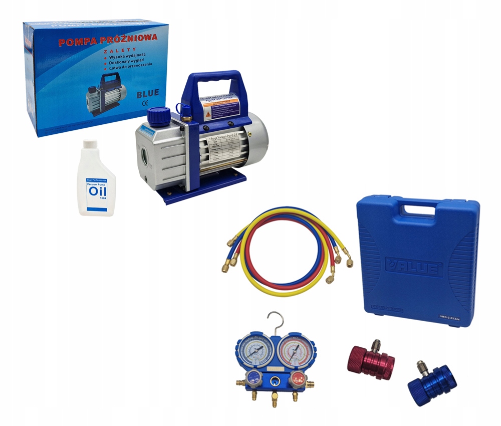 Vákuová pumpa 70 l/min sada manometrov Value VMG-2-R134a Rýchlospojky