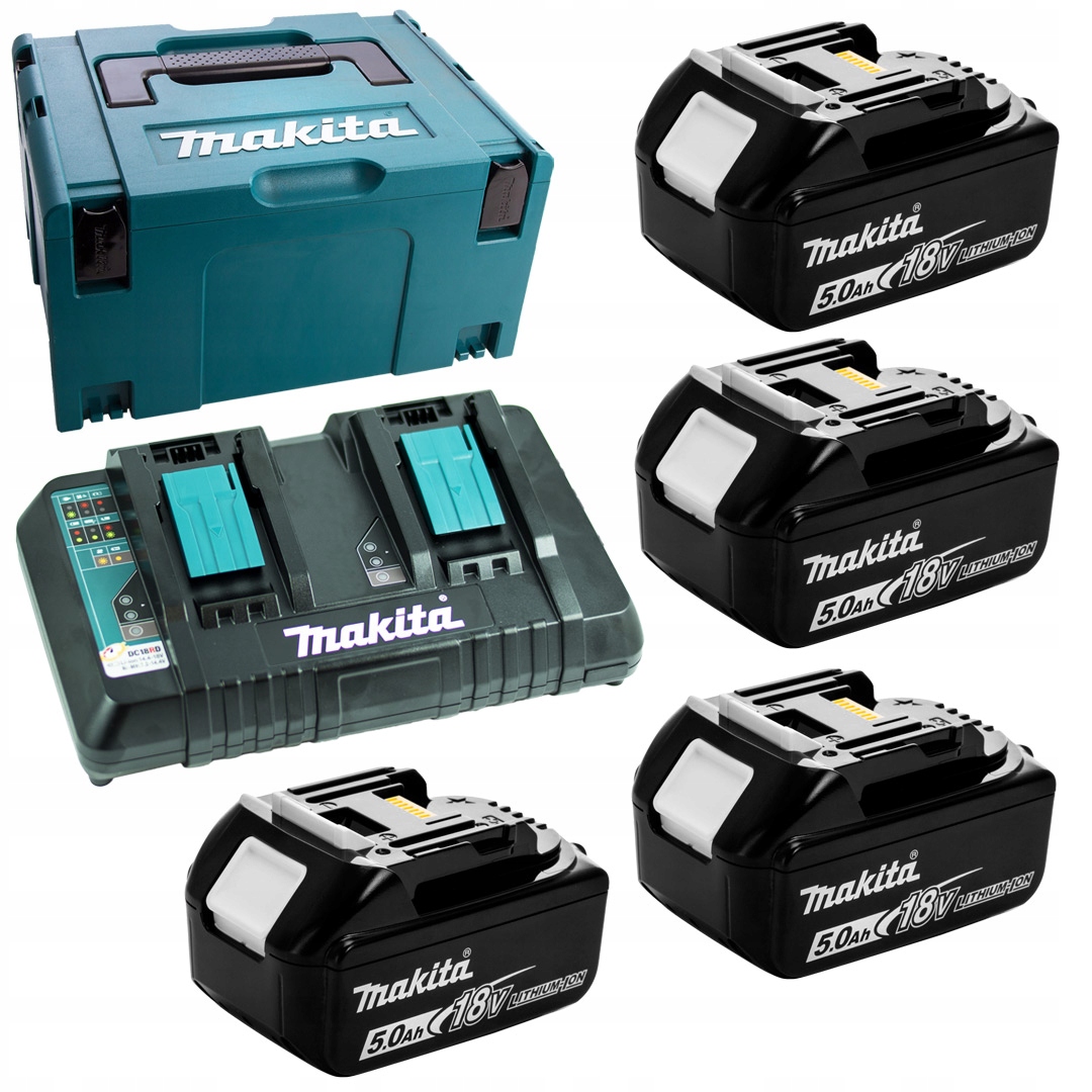 4x akumulátor 5Ah 18V BL1850B, 2-portová nabíječka DC18RD Makita Makpac