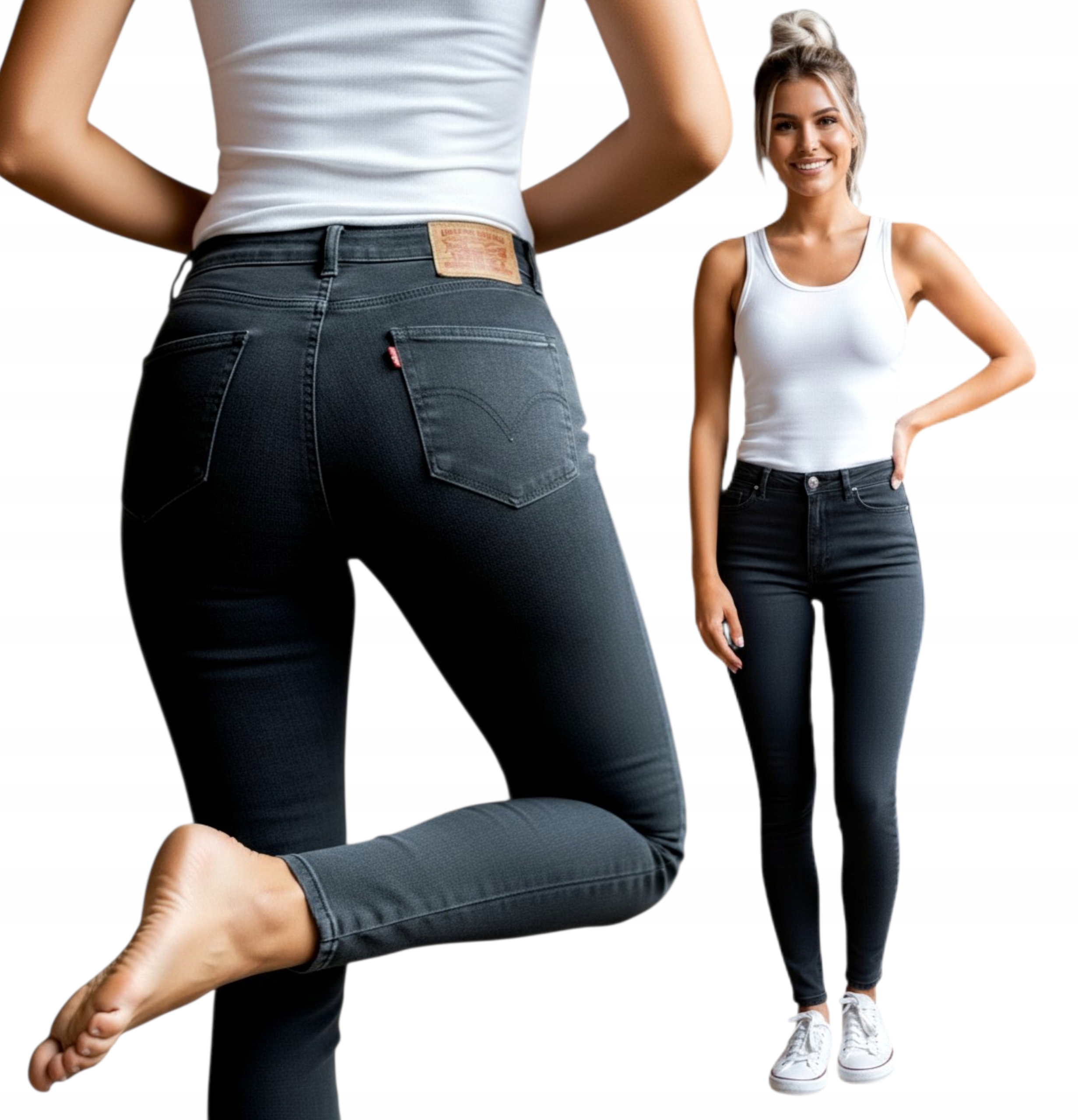 Modne Damskie Spodnie Jeansy Ciemny Szary Grafit Rurki Push Up r. L \ 40