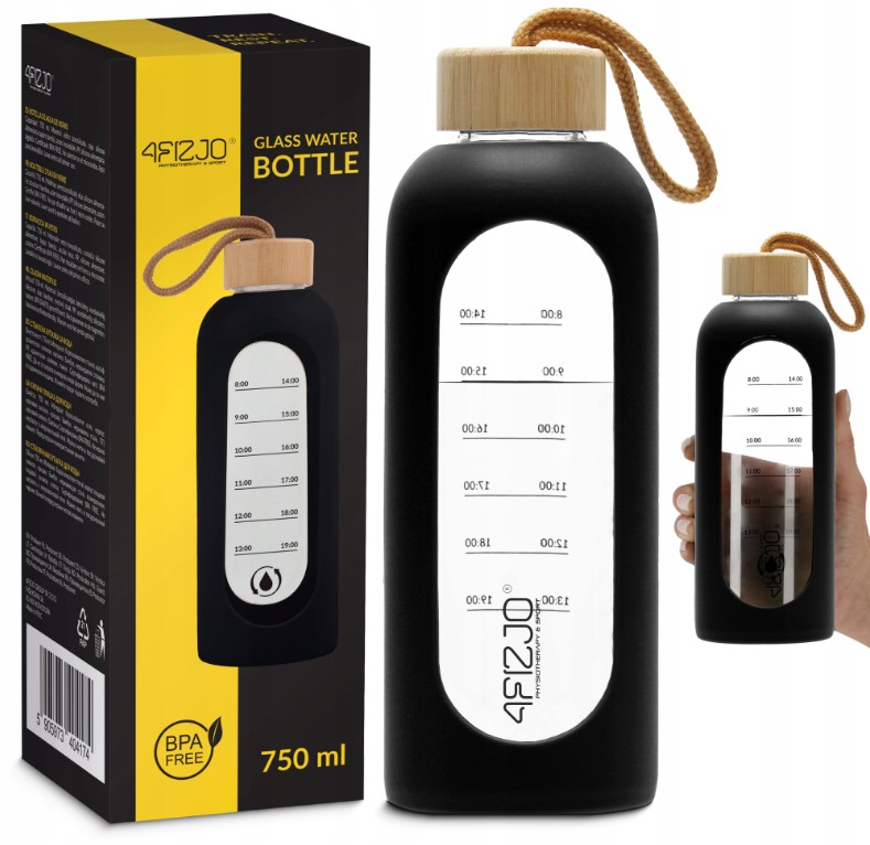4FIZJO Butelka szklana na wodę z miarką, sylikonowa osłonka 750 ml Czarna