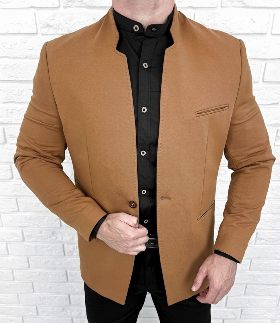 Marynarka meska ze stojka camel casual slim fit 48 Marka Stylovy