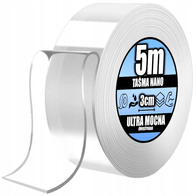 TAŚMA DWUSTRONNA 5m/3cm NANO WIELOKROTNEGO UŻYTKU KLEJ MOCNA MONTAŻOWA 5M