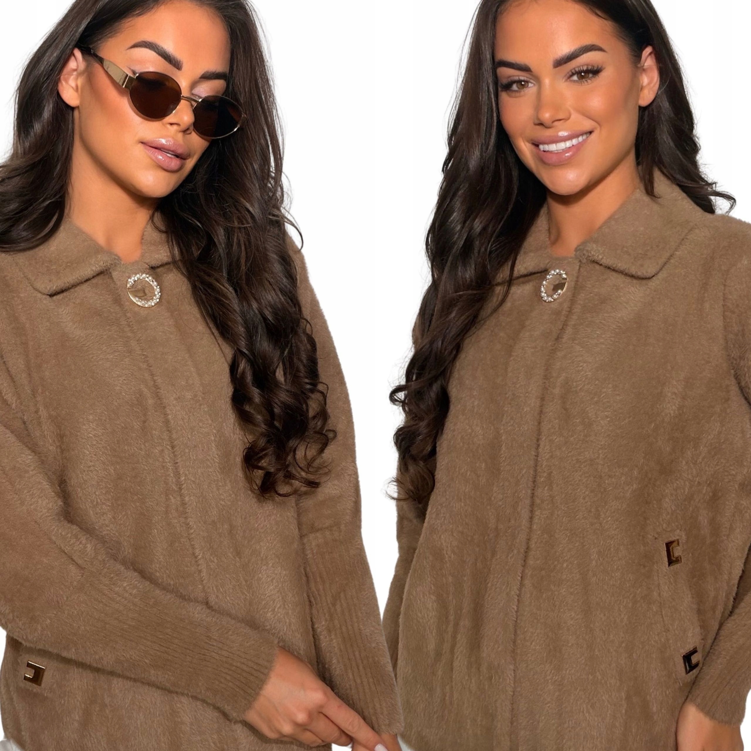 Alpaka Damska Kurtka Sweter Narzutka Żakiet Premium Brązowa 3179