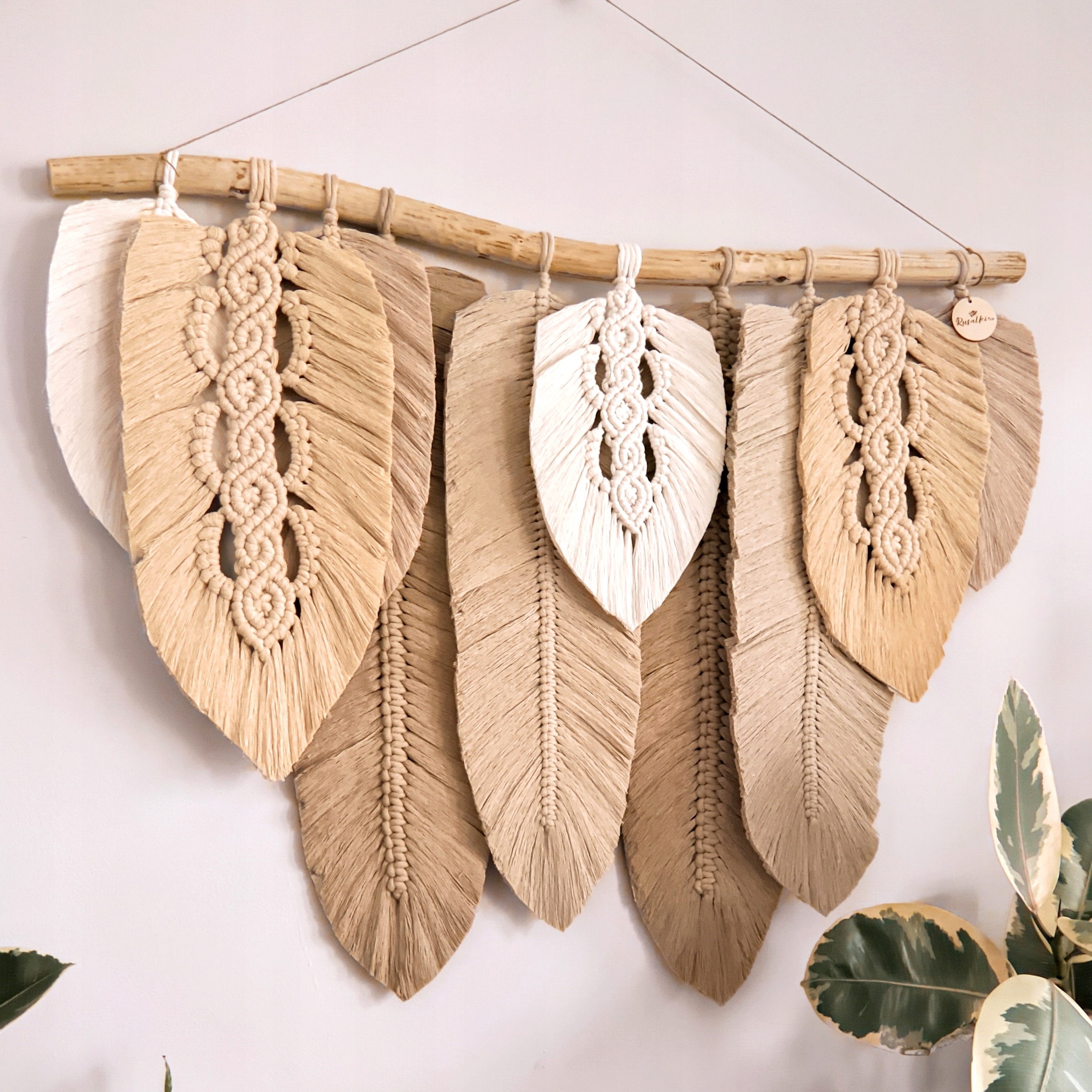 Dekorace v rustikálním boho stylu, velká dekorace na zeď makramé listy
