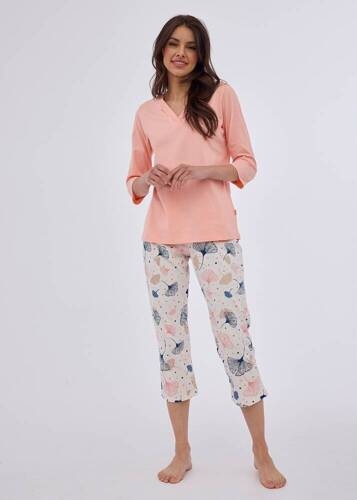 Dámské pyžamo Cornette 389/389 Nina vel. 3XL (46) listy ginkgo růže ecru