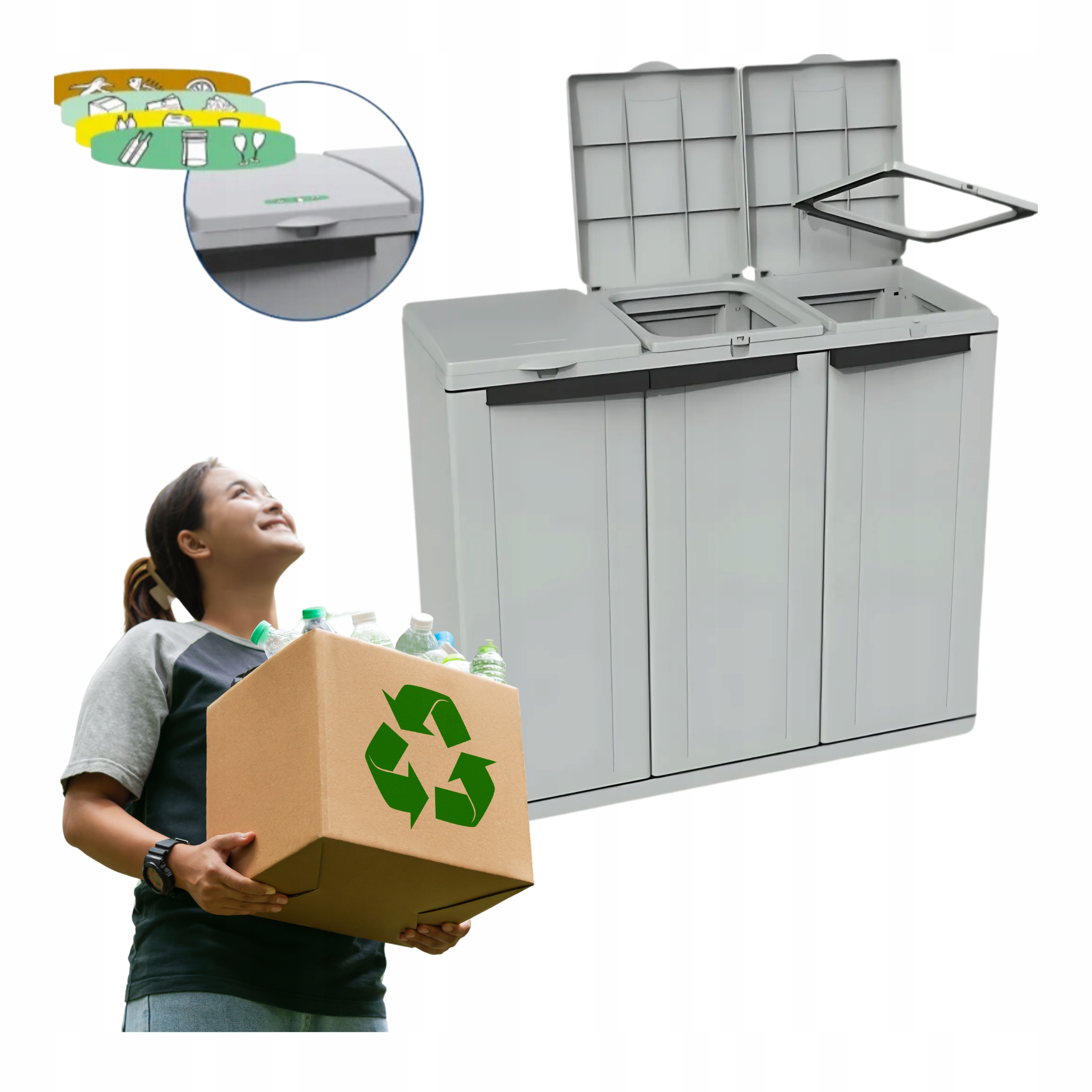 Szafka do segregacji odpadów Tercab 330L 3drzwiowa szara pojemna trwała