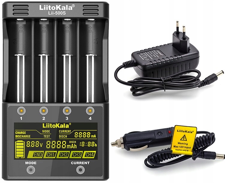 Sada nabíječky baterií a akumulátorů LiitoKala Lii-500S, 4 sloty, napájecí adaptér
