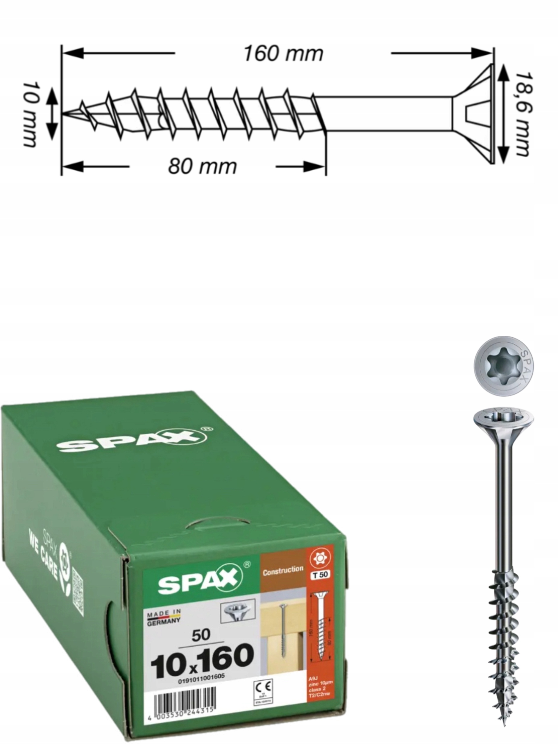 Univerzální vruty Wirox do dřeva, konstrukce Spax 10 x 160 mm 50 ks