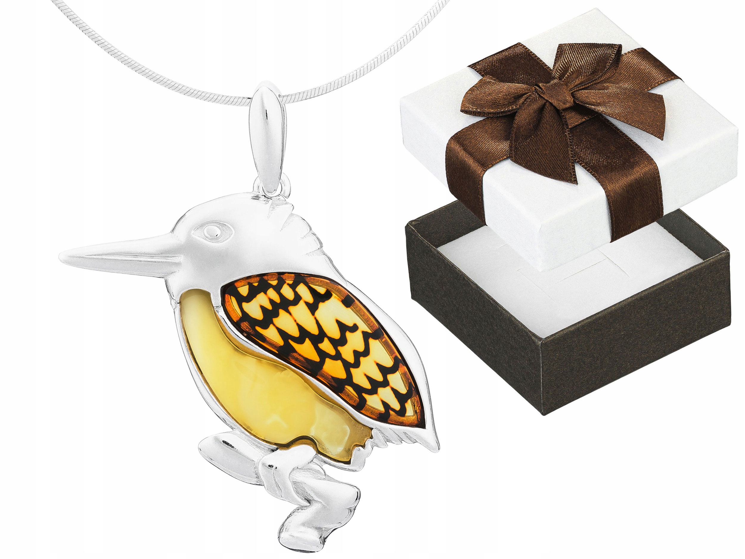 Krátký Stříbrný Dámský Náhrdelník Velký Pták Ledňáček s Jantarem Choker 38