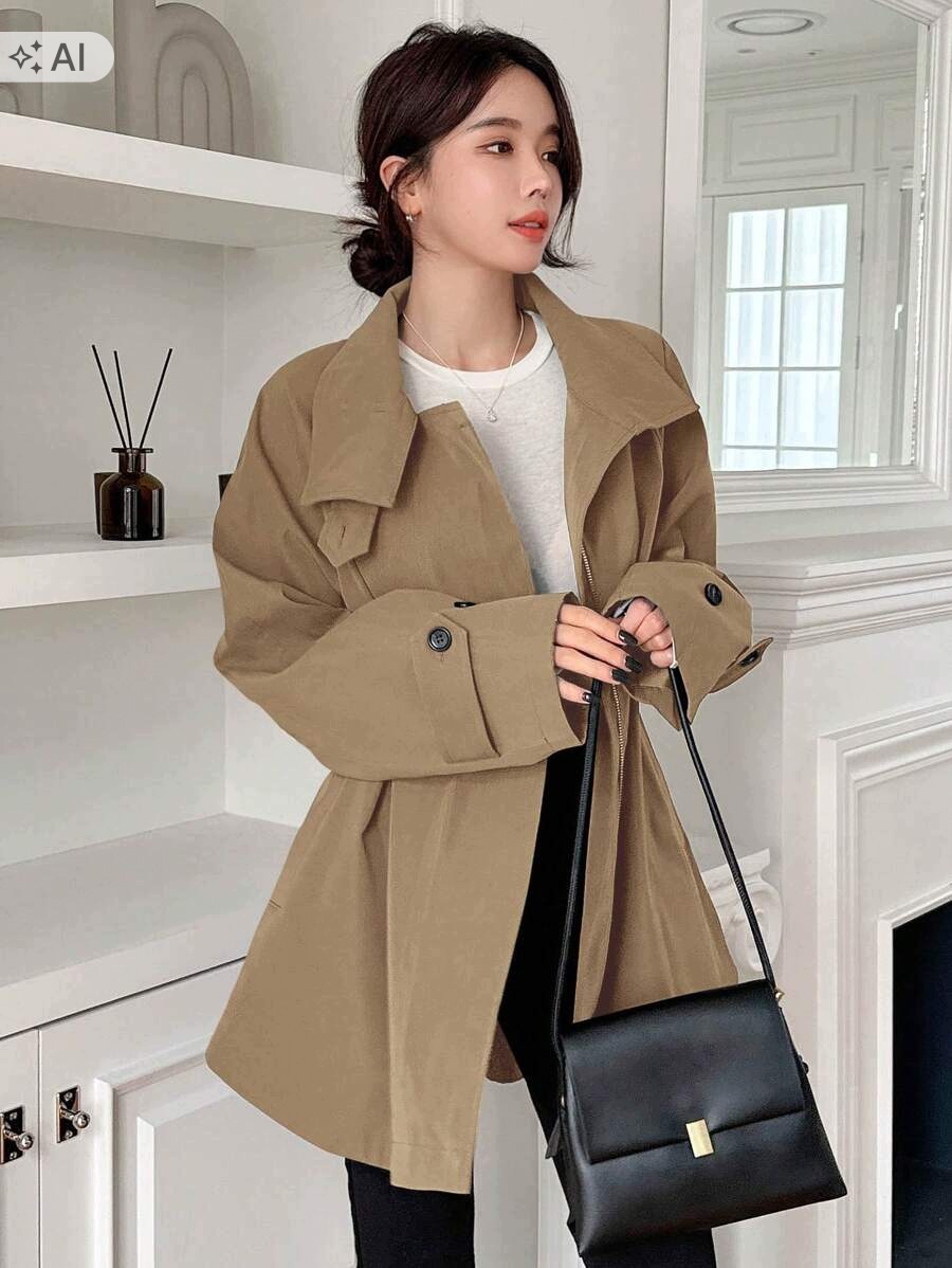 Shein Béžový Trench Dvouřadý Kabát S Klopami XL 1LA
