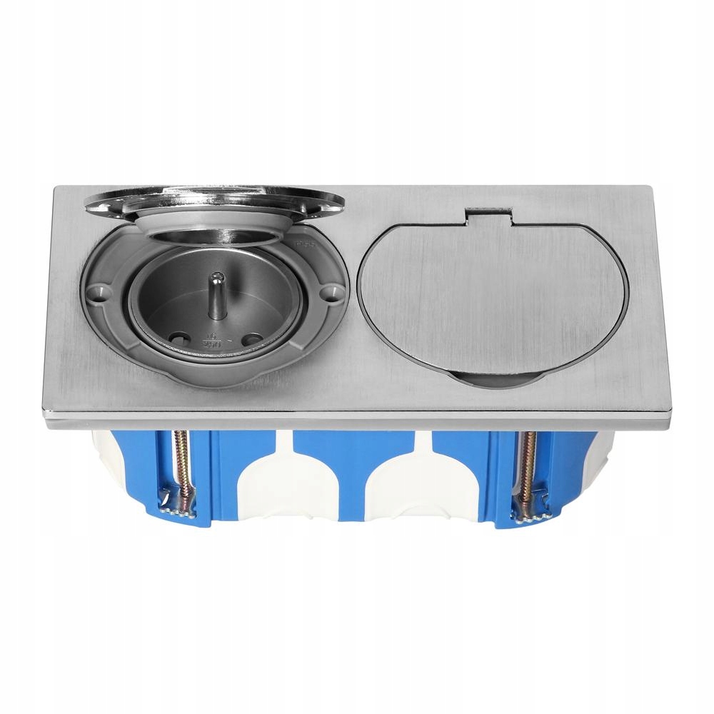 Hermetická elektrická zásuvka dvojitá, IP55 nerezová ocel, s plechovkou