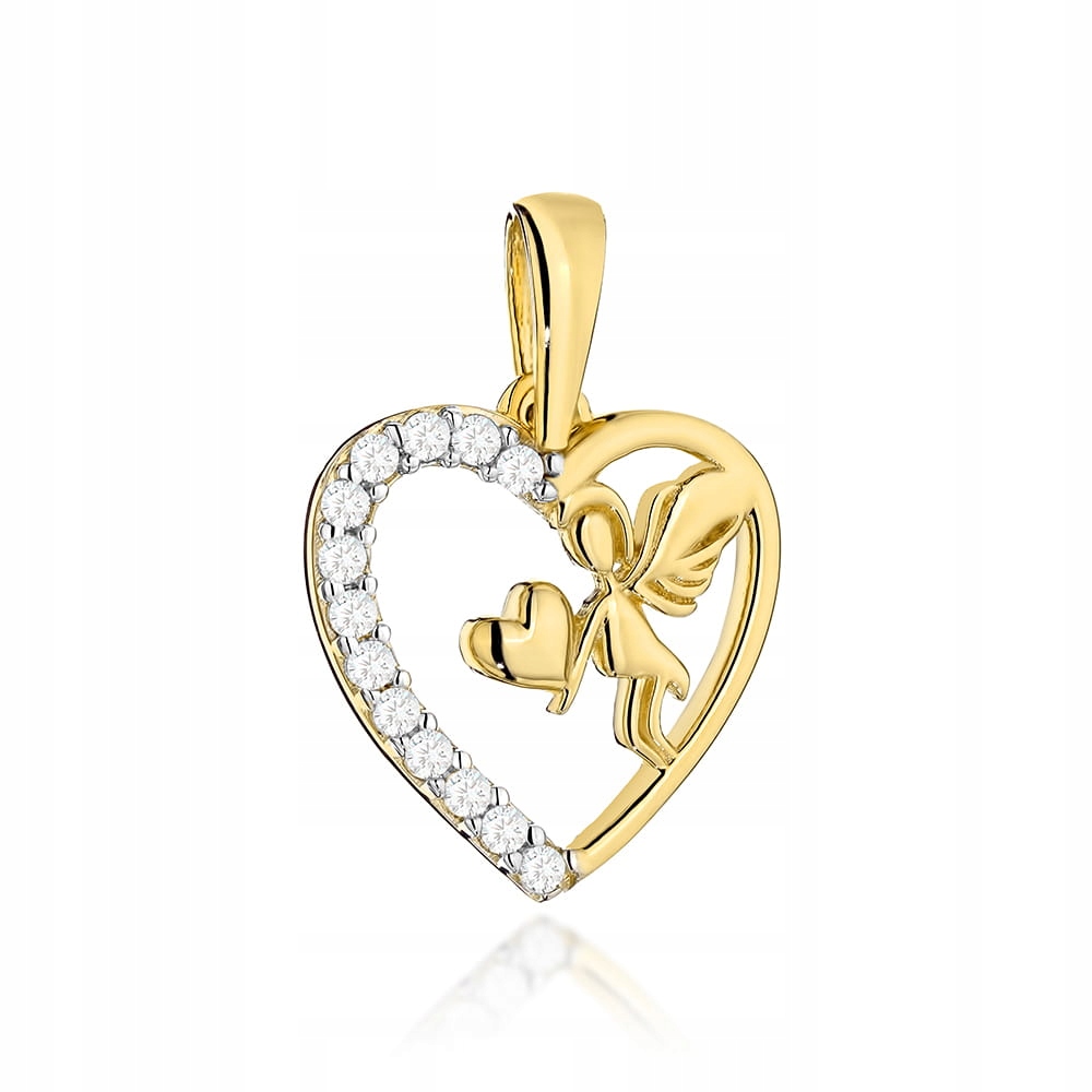 Zlatý 585 přívěsek srdce s andělem a zirkonem 0.72 g