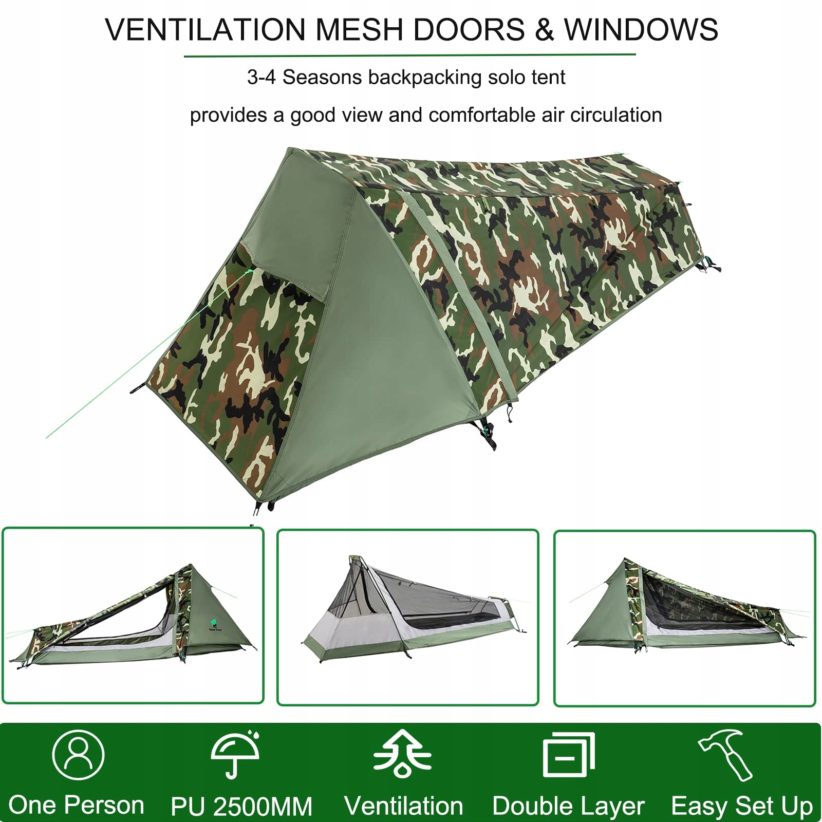 GEERTOP Lekki Namiot Jednoosobowy Biwakowy Trekkingowy Camouflage — miniatura 2